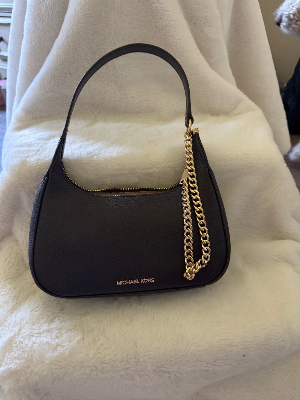 Michael Kors Black Pebbled Leather Shoulder Bag with Gold Chain